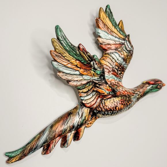 Vintage Hand Painted Flying Pheasant Chalkware Wall Art w/ Drip Glaze Finish - Picture 3 of 8